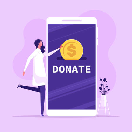Charity donation online with woman put money coin in smartphone. donating money by online payments charity flat vectorのイラスト素材