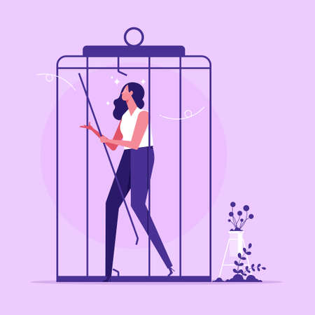 Freedom and new life opportunities concept, woman running out of cage feeling confident and full of energy and ideas vector illustrationのイラスト素材