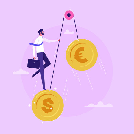 High rate of Dollar compared with Euro. Euro and Dollar coins swinging on teeter. US Dollar vs. Euro, invest in currency price or country economic speculation conceptのイラスト素材