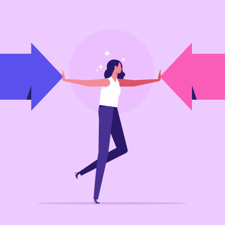 Stop conflict. Businesswoman referee finds compromise. Mediator solving competition. Conflict and solution. Woman stop conflict or stop fighting. Vector illustrationのイラスト素材