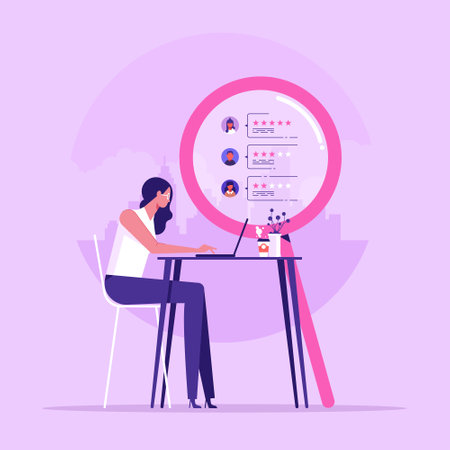 Businesswoman or manager at the table. A laptop employs a hiring and recruiting specialist. The concept of finding people to work, view vacancies and resumes, flat vector illustrationのイラスト素材