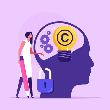 Intellectual property. Copyright. Tiny authors protecting idea's legal information with trademark, flat vector illustrationのイラスト素材