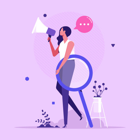 Woman with a shout and a magnifier. The concept of finding people to work, vector illustrationのイラスト素材