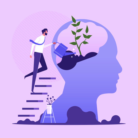 Personal growth. Self-improvement and self development concept. Man watering that growing plant from the brain as metaphor growth personality, flat Vector illustrationのイラスト素材