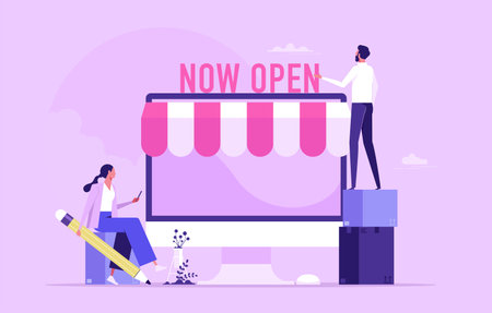 Open shop online, start e-commerce store selling product online, build website create store on the internet concept, business people shop owner building new website on computerのイラスト素材