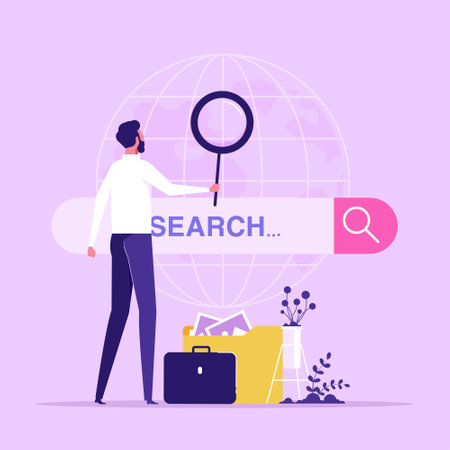 People searching information in internet. Man looking in magnifying glass with search bar. Web search in internet, online surfing, SEO. vector illustration in flat designのイラスト素材