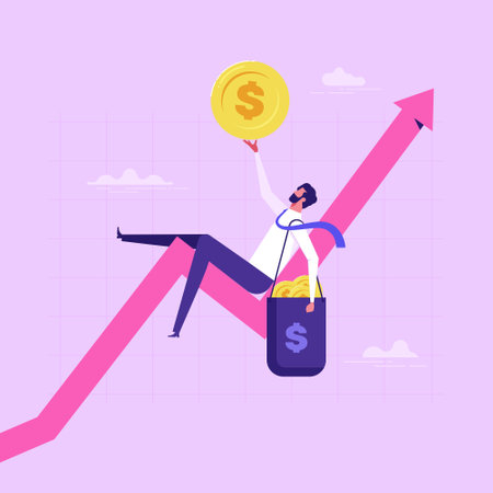 Success investment earn more profit or easy growing return mutual fund, make money from trading or dream about being rich concept, businessman investor relax on growing graphのイラスト素材
