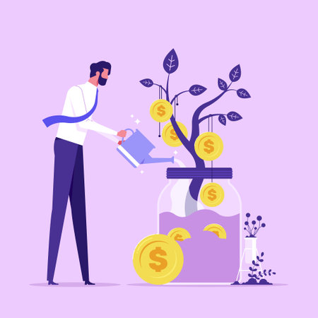 Financial or investment growth concept, businessman with watering can watering money plant increase earning profit and capital gain, success in wealth managementのイラスト素材