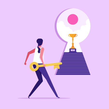 Businesswoman holding golden key and looking forward to opened door of chance, key hole and trophy as business vision, future, direction, goal, success concept, vector illustrationのイラスト素材