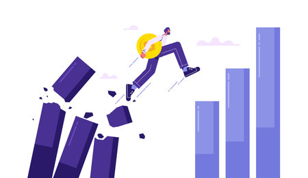 Change investment from down turn to rising up concept, businessman investor jumping jumping off the falling chart to growth chartのイラスト素材
