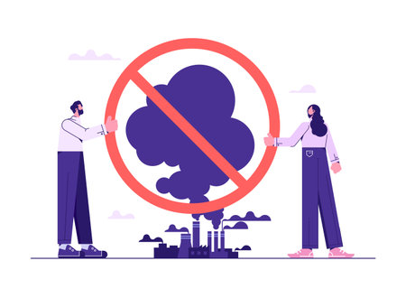 Man and woman holding red prohibition sign to stop the increase of factories and environmental pollution. Conceptual Illustration of Global Warming and Environmentalのイラスト素材