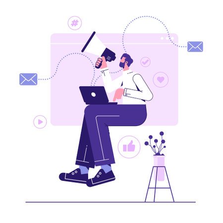 Online marketing profit and development business concept. Man with megaphone makes advertising campaign, analyzes market and sales, promotes brand in social networksのイラスト素材