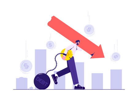 Financial crisis, business failure, economy crash, bankruptcy unpaid loan debt. Down arrow pressure on shareholder, man resist losing profits, business bankruptcy and default vector conceptのイラスト素材