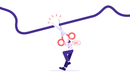 Man hold scissors cutting electric wire. Electricity plug and socket disabled. 404 Error, page not found. Connection error. Vector illustration in flat designのイラスト素材