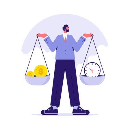 Work life balance, businessman hold scales in hands, find perfect balance between money and time. Man employee have balance work and life. Vector illustrationのイラスト素材