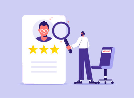 Searching employee. Head hunting, digital interview resume checklist on clipboard, man use magnifier glass searching best employee from CV card. Worker HR search conceptのイラスト素材