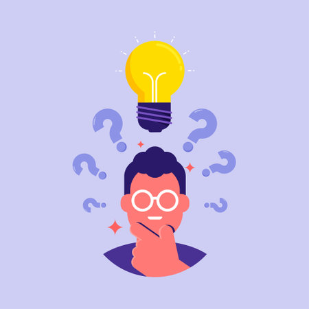 Man is thinking standing under question marks, problem solving concept with question marks and light bulb icon, creative idea signのイラスト素材