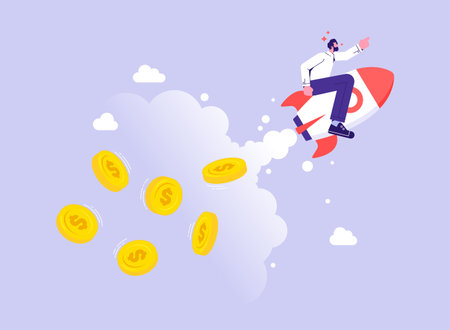 Businessman riding a flying rocket with money, career, salary, earnings profit, concept of financial successのイラスト素材