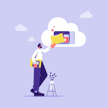 Concept of internet hosting, online service for file management and digital information storage, businessman putting folder on cloudのイラスト素材
