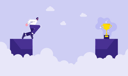 Business concept of challenge and success, businessman ready to jump over the chasm to reach success target challenge of his careerのイラスト素材