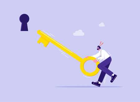 Business career opportunities and motivation concept, businessman try holding up a golden key to opening lock, symbolising success, strength and powerのイラスト素材