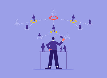 Team building or organizational chart, boss arranges resumes of employees in hierarchy of company,  distribution of positions and responsibilities, leader develops strategyのイラスト素材