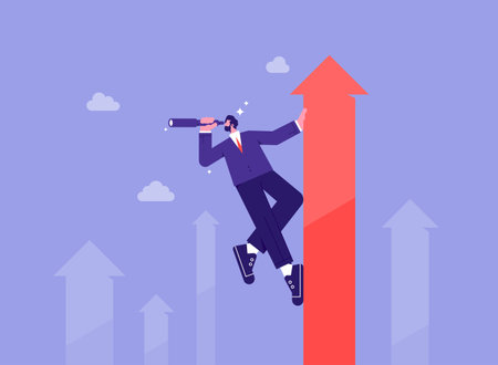 Investment and market prediction, future growth or vision, profit and earning forecast concept, businessman climb up rising arrow with big telescope spyglassのイラスト素材