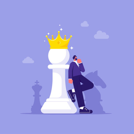 Success strategy or planing to win business competition concept, best competition analysis or planing, businessman with chess pawn in the crownのイラスト素材