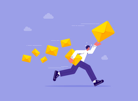 Businessman holding big closed envelope with paper letter, concept of marketing email message sending and receiving, man delivering mailのイラスト素材