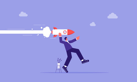 Startup and successful innovation business launch concept, business man with flying rocket, start of new project, vision, ambition and business goalのイラスト素材