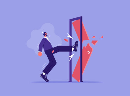 Business concept of overcoming obstacles, businessman kicks the door until door shattered, man kicking locked door and destroyのイラスト素材