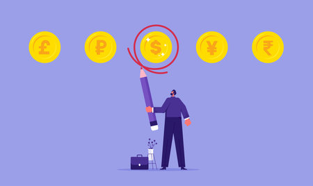 Business plan and strategy, currency investment and currency analysis, businessman holding a pencil to circle a dollar sign in the middle of a row of currency symbolsのイラスト素材