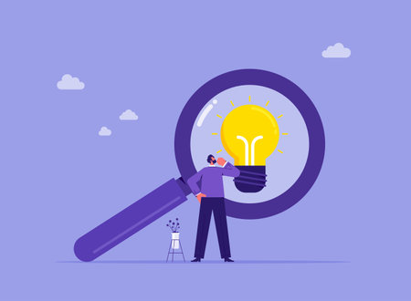 Analyze and choose best business idea concept, discover ideas, businessman looking at idea light bulb from magnifying glassのイラスト素材