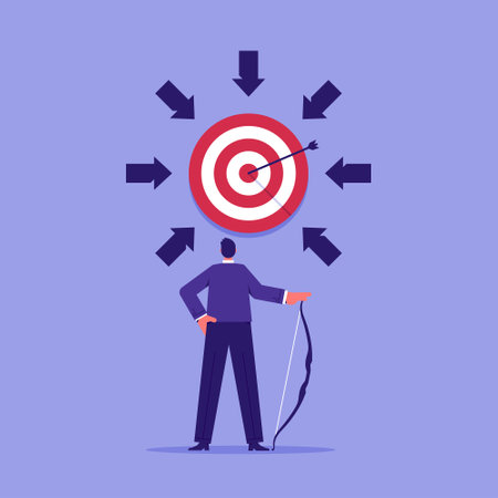 Target audience for advertising or purpose for career development concept, focus on business target, setting goal for motivation, businessman shooting bow on target bullseyeのイラスト素材