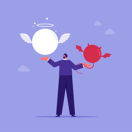 Problem solution and dilemma concept, make decision among good and bad person, confused businessman choose between angel and devil symbolのイラスト素材