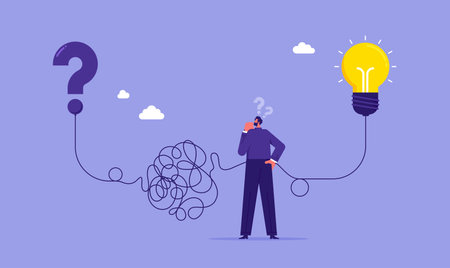 Problem solving skill, answer to hard question or creativity idea and innovation help business success, creativity or imagination, businessman find a way to connect question mark to lightbulb solutionのイラスト素材