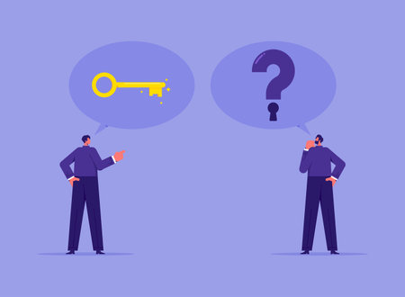 Key to unlock answer for problem and questions concept, solution solve problem, businessman with a key opens a keyhole at a question markのイラスト素材