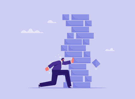 Risk and strategy in business concept, businessman placing out wood block on tower, risk and strategy in businessのイラスト素材