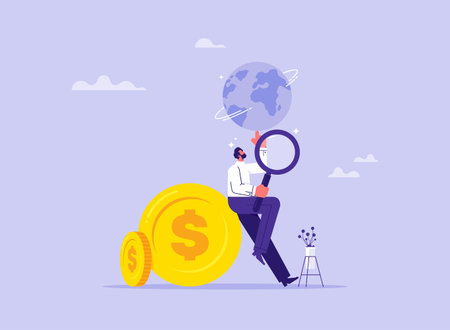 Searching for investment opportunity concept, financial success, find way to make profit and earning, businessman spinning globe on finger to find a place to investmentのイラスト素材