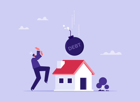 Home loan debt crisis concept, house with falling debt bombのイラスト素材