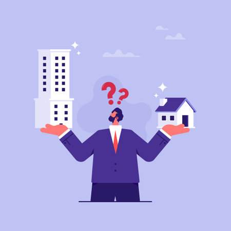 The choice of renting an apartment or buying a house, man thinking about choosing a property, making decisionのイラスト素材
