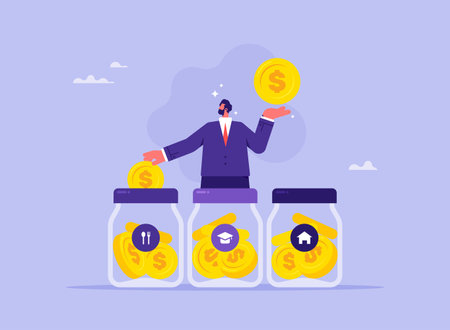 Personal finance management, budget planning and diversification of expenses, businessman putting money in the jar, saving money and managementのイラスト素材