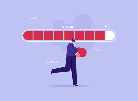 Business process or fulfills goals and tasks concept, metaphor for work of company or organization, businessman with loading bar progressのイラスト素材