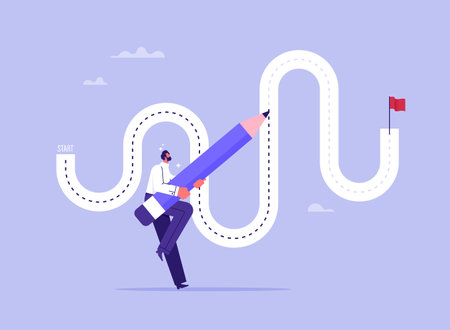 Progress or journey to success or achieve goal concept, businessman draw path to achieve success, business step or career pathのイラスト素材