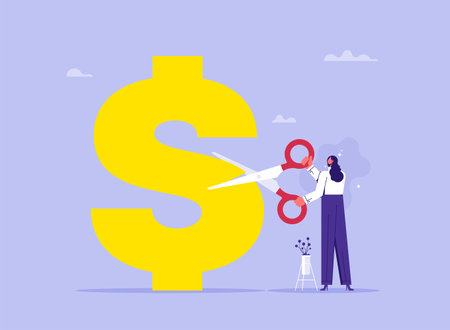 Cost reduction management concept, businesswoman with scissors cutting dollar sign, big discountのイラスト素材
