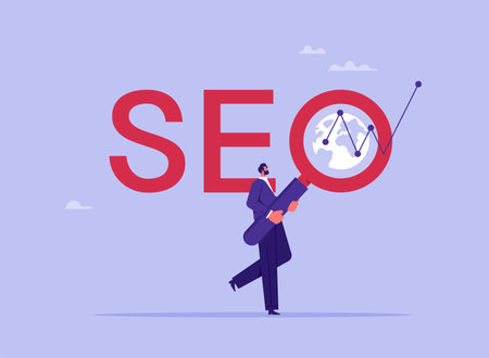 Concept of SEO, search engine optimization Ranking, businessman with magnifying glass analyzes data, adjusts search results, raises rating, increases trafficのイラスト素材