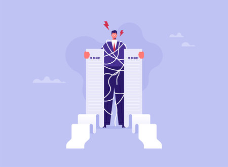 Long to do list, performance and effectiveness management or overwhelmed work and responsibility, businessman holding long to-do list on paper with tangled messy rope aroundのイラスト素材