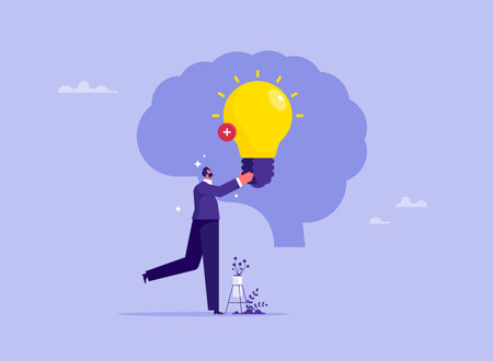 Add ideas or find new inspiration concept, big idea creativity and innovation to change or invent new products solution, businessman adding new idea and creativity to employeesのイラスト素材