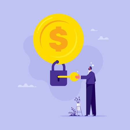 Debt free or freedom for pay off debts concept, loan or mortgage, solution to solve financial problem to break free, businessman uses a key unlock money coin from padlockのイラスト素材