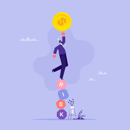 Risk management, control or assess to lose money in investing concept, preparation for safety or secure earning and loss, businessman balance on stack with the word RISKのイラスト素材